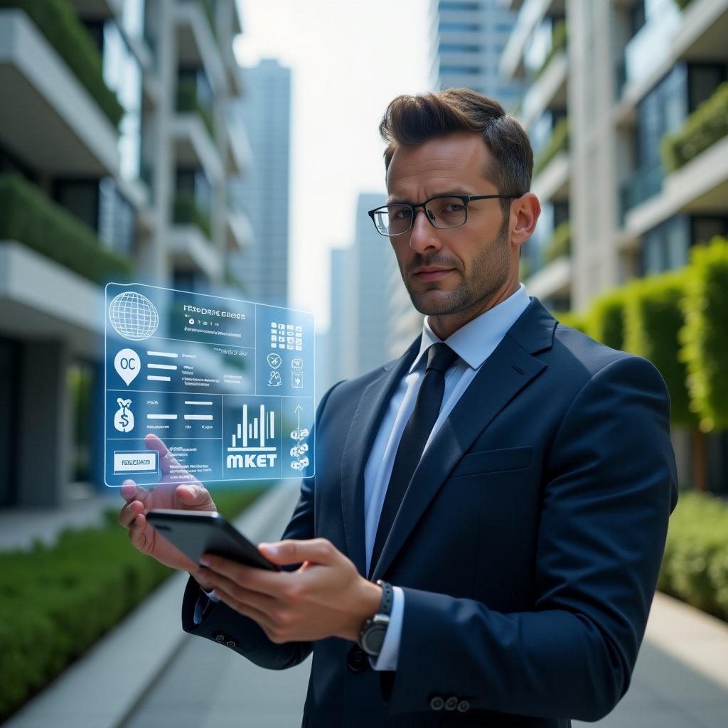 Ultra-realistic property manager in a navy blue suit, set in a modern luxury condominium environment with high-rise buildings and manicured green landscaping, holding a digital tablet and interacting with a floating holographic dashboard displaying efficiency graphs, chat icons, calendar and automated billing symbols, confident and focused expression, cinematic lighting, shallow depth of field, highly detailed textures, realistic skin, photographic realism, 8k resolution --ar 1:1 --v 6