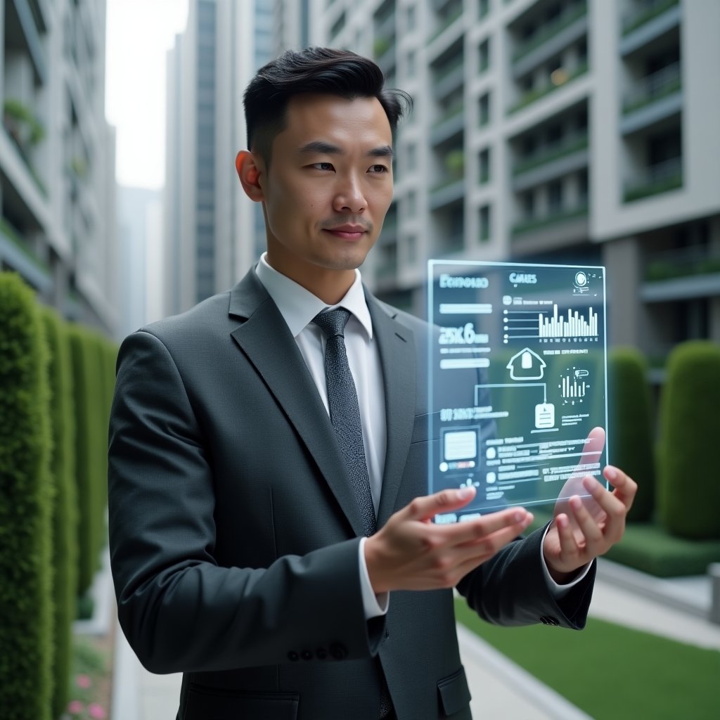 (Ultra-realistic condominium manager in a charcoal gray suit, set in a modern luxury condominium environment with high-rise buildings and manicured green landscaping, holding and interacting with a holographic interface displaying app icons, financial charts and reservation calendar, confident and focused expression, cinematic lighting, shallow depth of field, highly detailed textures, realistic skin, photographic realism, 8k resolution --ar 1:1 --v 6)