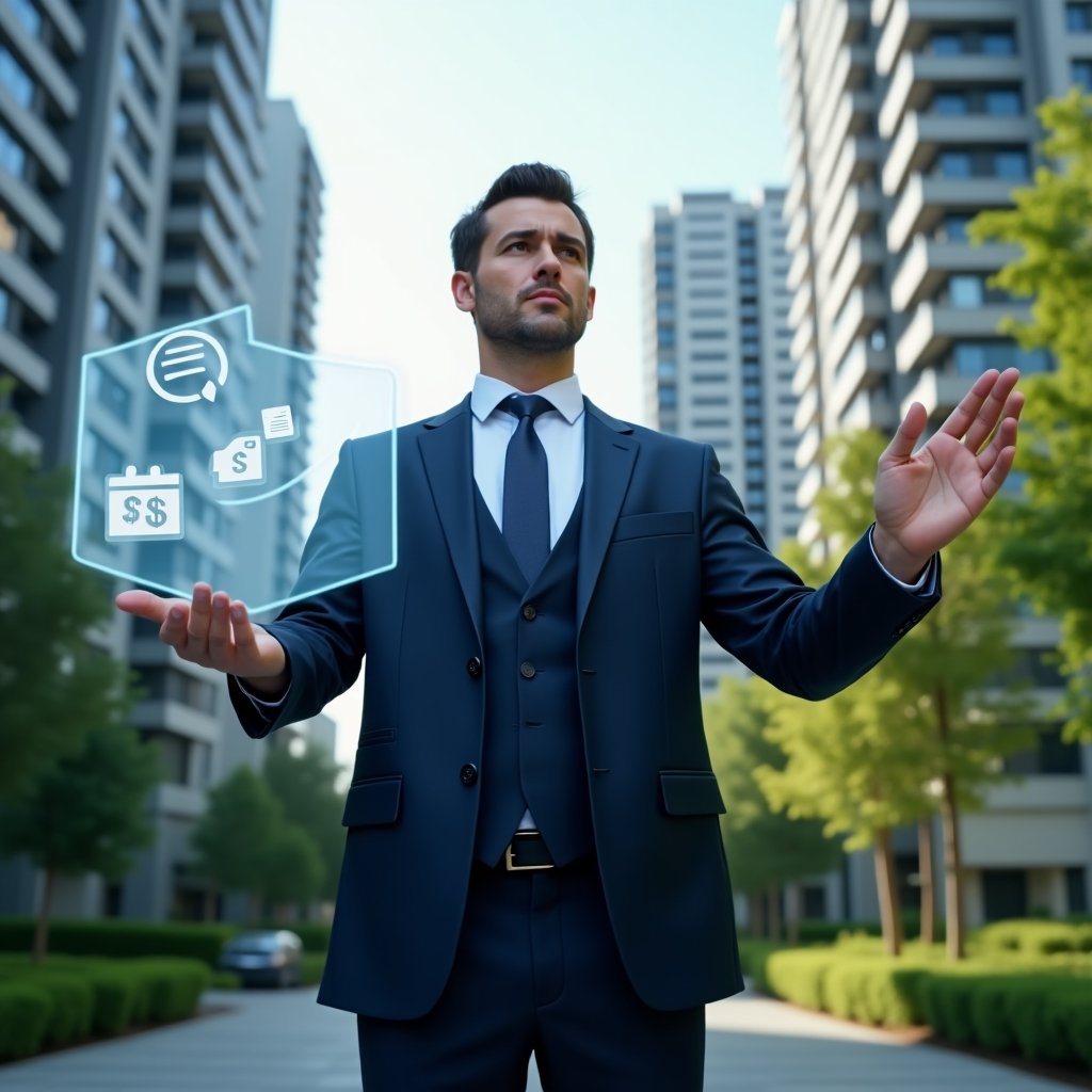 (Ultra-realistic condominium manager in a tailored navy blue business suit, set in a modern luxury condominium environment with high-rise buildings and lush green landscaping, mid shot of a focused manager interacting with a transparent holographic interface of chat bubbles, dollar signs and calendar icons representing communication, finances and reservations, cinematic lighting, shallow depth of field, highly detailed textures, realistic skin, photographic realism, 8k resolution --ar 1:1 --v 6)