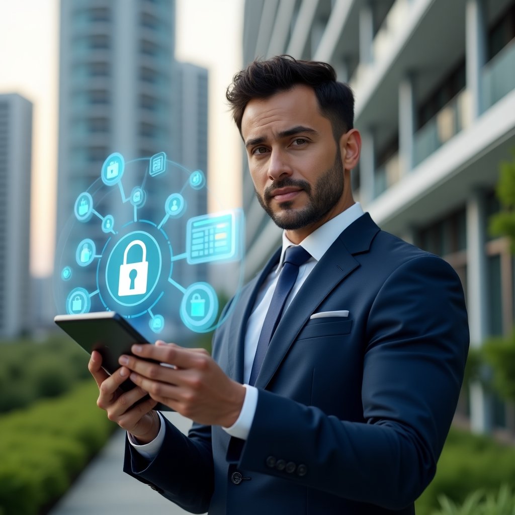 (Ultra-realistic condominium manager in a navy suit, set in a modern luxury condominium environment with high-rise buildings and lush green landscaping, holding a tablet displaying a holographic dashboard of an apartment management app, confident and focused expression, surrounded by floating icons of chat bubbles, calendar slots, and a security lock symbolizing organization, communication, and safety optimization, cinematic lighting, shallow depth of field, highly detailed textures, realistic skin, photographic realism, 8k resolution --ar 1:1 --v 6)