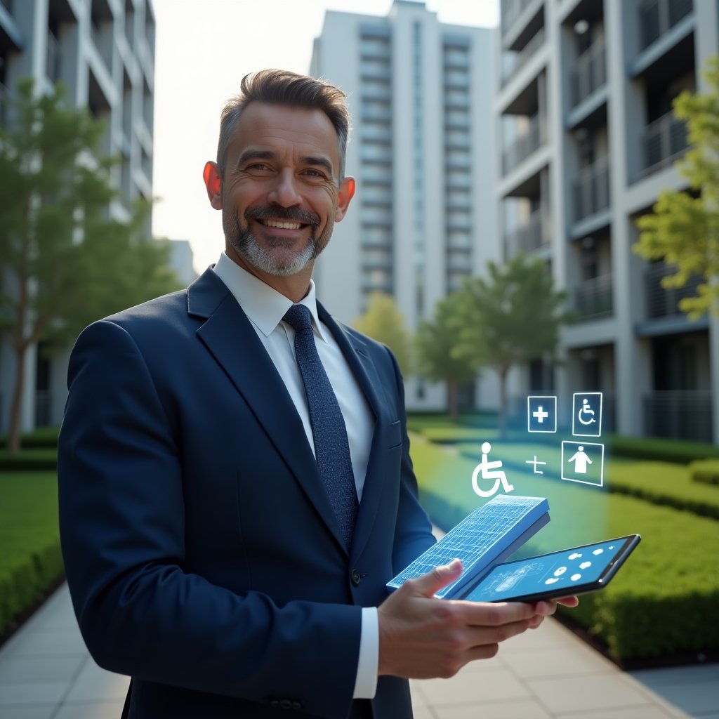 Ultra-realistic condominium manager in a tailored navy blue suit, set in a modern luxury condominium environment with high-rise buildings and manicured green landscaping, holding a tablet projecting a holographic 3D ramp model and floating wheelchair accessibility icons alongside Braille elevator button symbols, confident and inspiring expression, cinematic lighting, shallow depth of field, highly detailed textures, realistic skin, photographic realism, 8k resolution --ar 1:1 --v 6