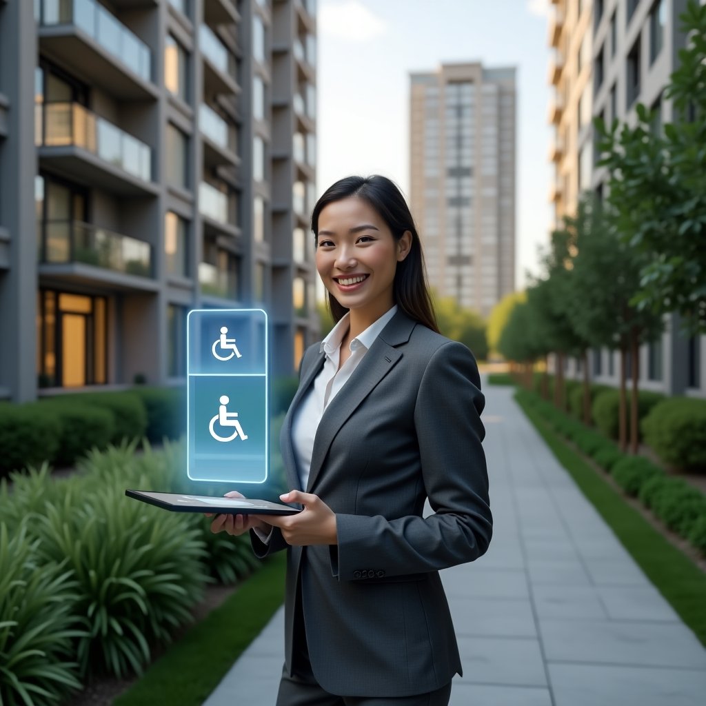 (Ultra-realistic property manager in a charcoal gray suit, set in a modern luxury condominium environment with high-rise buildings and meticulously maintained green landscaping, holding a tablet projecting a floating 3D wheelchair icon hologram and a digital seven-step accessibility checklist, confidently smiling and gesturing toward an inclusive ramp in the background, cinematic lighting, shallow depth of field, highly detailed textures, realistic skin, photographic realism, 8k resolution --ar 1:1 --v 6)