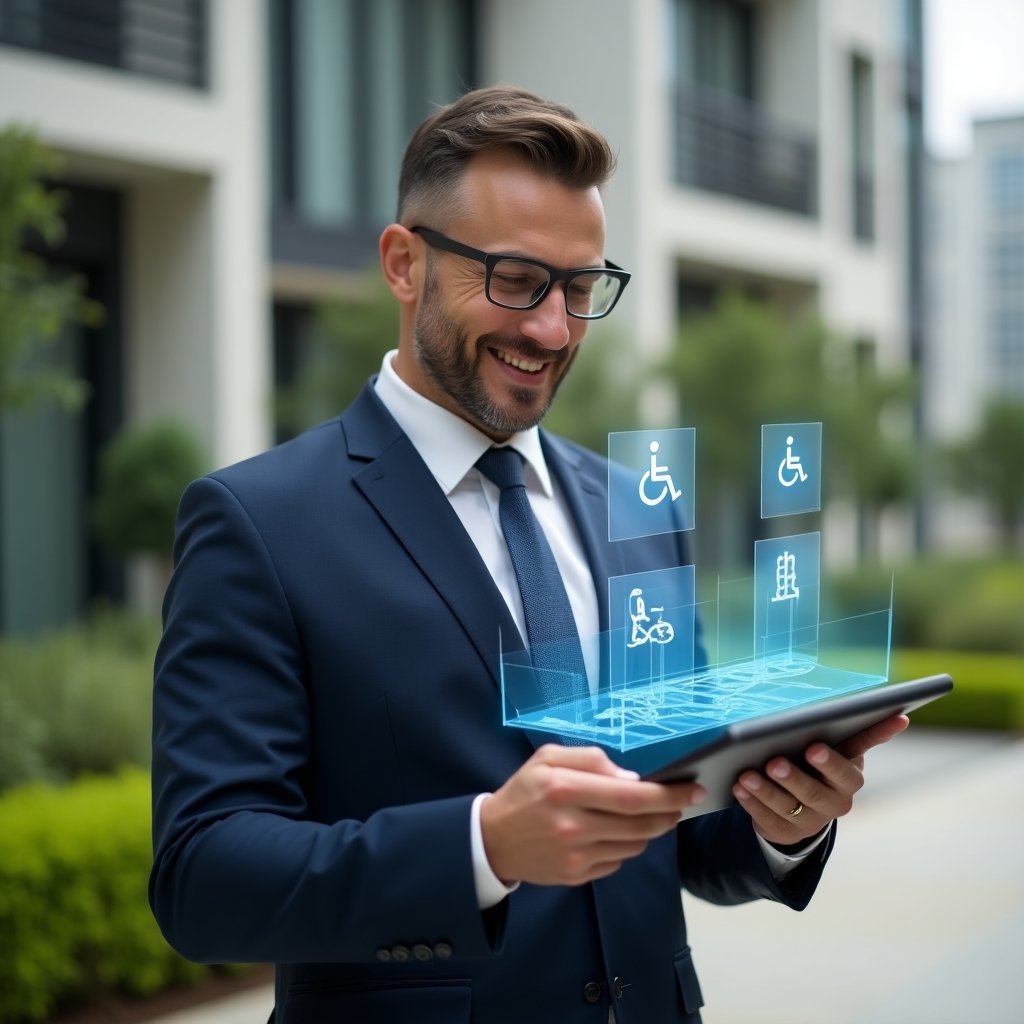 Ultra-realistic condominium manager in a tailored navy suit, set in a modern luxury condominium environment with high-rise buildings and manicured green landscaping, mid shot with the manager reviewing a digital tablet displaying accessible ramp blueprints, holographic wheelchair and braille signage icons floating beside, confident and welcoming expression, cinematic lighting, shallow depth of field, highly detailed textures, realistic skin, photographic realism, 8k resolution --ar 1:1 --v 6