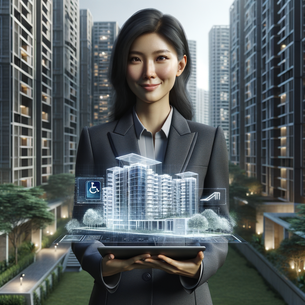 (Ultra-realistic condominium manager in a charcoal gray suit, set in a modern luxury condominium environment with high-rise buildings and lush green landscaping, holding a tablet projecting a holographic universal accessibility icon and ramp blueprint, smiling confidently with a thoughtful expression, cinematic lighting, shallow depth of field, highly detailed textures, realistic skin, photographic realism, 8k resolution --ar 1:1 --v 6)