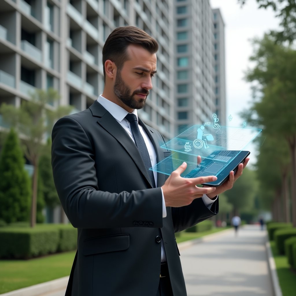 (Ultra-realistic condominium manager in a charcoal tailored suit, set in a modern luxury condominium environment with high-rise buildings and lush green landscaping, reviewing a digital tablet displaying accessible ramp schematics and tactile paving layouts, holographic wheelchair and accessibility icons floating around, confident and thoughtful expression, cinematic lighting, shallow depth of field, highly detailed textures, realistic skin, photographic realism, 8k resolution --ar 1:1 --v 6)