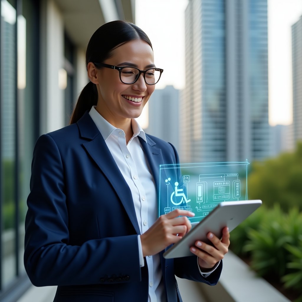 Ultra-realistic condominium manager in a navy blue tailored suit, set in a modern luxury condominium environment with high-rise buildings and green landscaping, holding a digital tablet displaying holographic accessibility icons (wheelchair symbol, braille signage, audio guidance), smiling confidently as they review inclusive design plans, cinematic lighting, shallow depth of field, highly detailed textures, realistic skin, photographic realism, 8k resolution --ar 1:1 --v 6