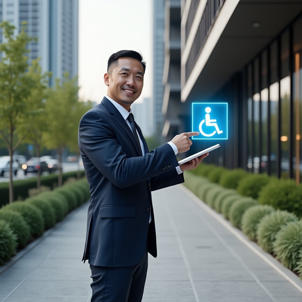 (Ultra-realistic condominium manager in a dark blue executive suit, set in a modern luxury condominium environment with high-rise buildings and manicured green landscaping, standing beside an accessible ramp with tactile flooring and Braille signage, pointing at a floating holographic wheelchair icon and holding a tablet, conveying a confident and welcoming expression, cinematic lighting, shallow depth of field, highly detailed textures, realistic skin, photographic realism, 8k resolution --ar 1:1 --v 6)