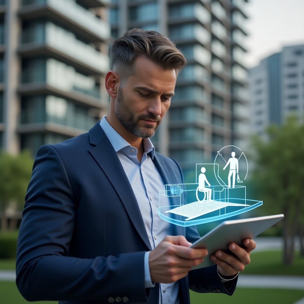 Ultra-realistic condominium manager in a navy blue tailored suit, set in a modern luxury condominium environment with high-rise buildings and green landscaping, medium close-up shot of them reviewing accessibility plans on a digital tablet, holographic 3D ramp model and wheelchair icons floating beside them, confident and thoughtful expression, cinematic lighting, shallow depth of field, highly detailed textures, realistic skin, photographic realism, 8k resolution --ar 1:1 --v 6
