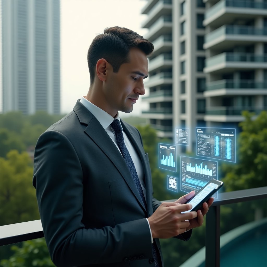 Ultra-realistic condominium manager in a dark gray suit, set in a modern luxury condominium environment with high-rise buildings and lush green landscaping, studying a tablet with floating holographic icons representing financial charts, maintenance schedules, and resident engagement, confident and focused expression, cinematic lighting, shallow depth of field, highly detailed textures, realistic skin, photographic realism, 8k resolution --ar 1:1 --v 6