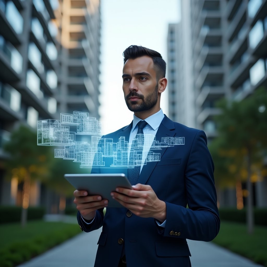 Ultra-realistic condominium manager in a navy blue executive suit, set in a modern luxury condominium environment with high-rise buildings and manicured green landscaping, holding a digital tablet projecting a holographic condominium layout while confidently analyzing it, floating icons of building management tools around, cinematic lighting, shallow depth of field, highly detailed textures, realistic skin, photographic realism, 8k resolution --ar 1:1 --v 6