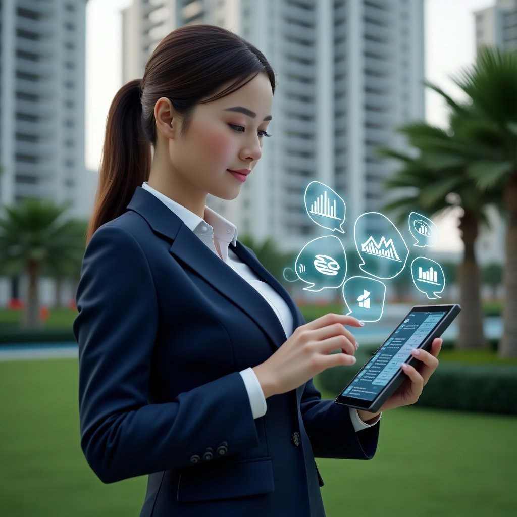 (Ultra-realistic professional condominium manager in a tailored navy blue suit, set in a modern luxury condominium environment with high-rise buildings and well-manicured green landscaping, medium shot with shallow depth of field, confident and focused expression as she reviews a tablet displaying a digital condominium management dashboard, with floating holographic icons of financial graphs and chat bubbles symbolizing streamlined communication, cinematic lighting, highly detailed textures, realistic skin, photographic realism, 8k resolution --ar 1:1 --v 6)