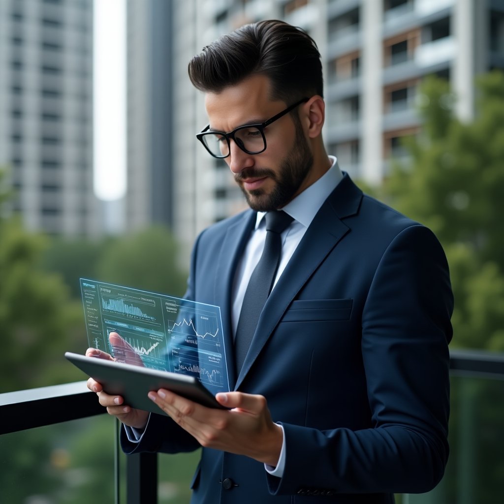 Ultra-realistic condominium manager in a navy executive suit, set in a modern luxury condominium environment with high-rise buildings and lush green landscaping, reviewing a tablet displaying a holographic dashboard of financial charts and task lists, confident and focused expression, cinematic lighting, shallow depth of field, highly detailed textures, realistic skin, photographic realism, 8k resolution --ar 1:1 --v 6
