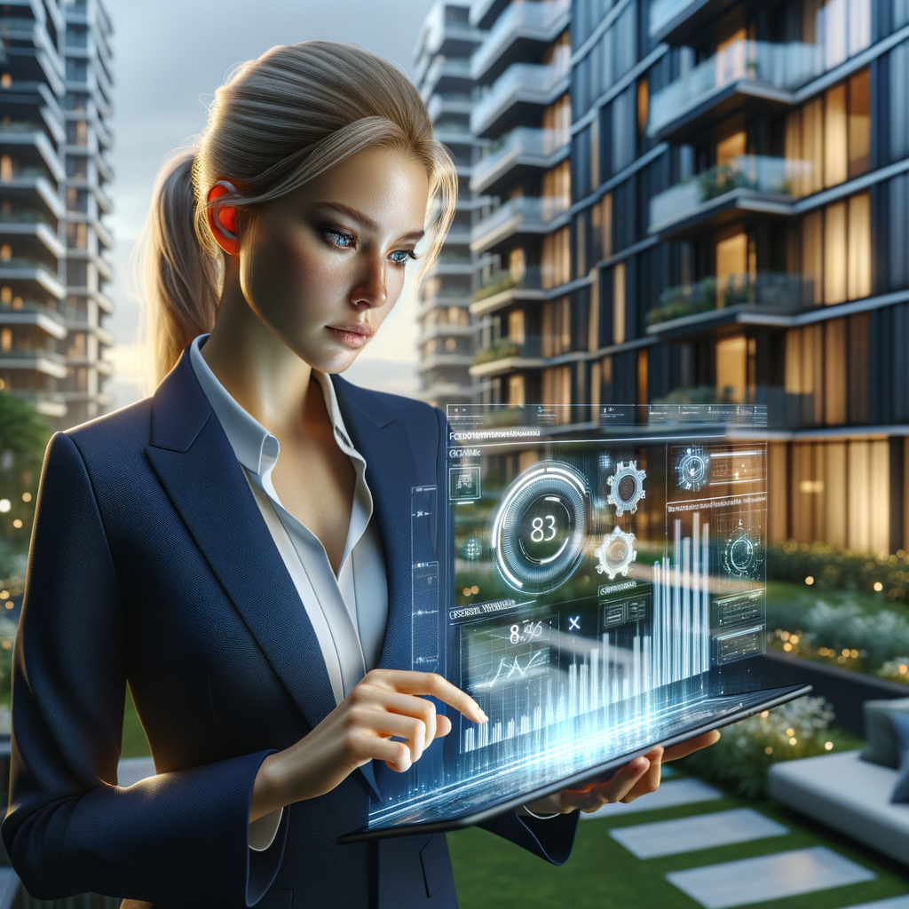 Ultra-realistic condominium manager in a navy suit, set in a modern luxury condominium environment with high-rise buildings and green landscaping, examining a transparent holographic dashboard displaying cost-saving graphs on a digital tablet, floating icons of gears and bar charts symbolizing resource optimization, confident and focused expression, cinematic lighting, shallow depth of field, highly detailed textures, realistic skin, photographic realism, 8k resolution --ar 1:1 --v 6