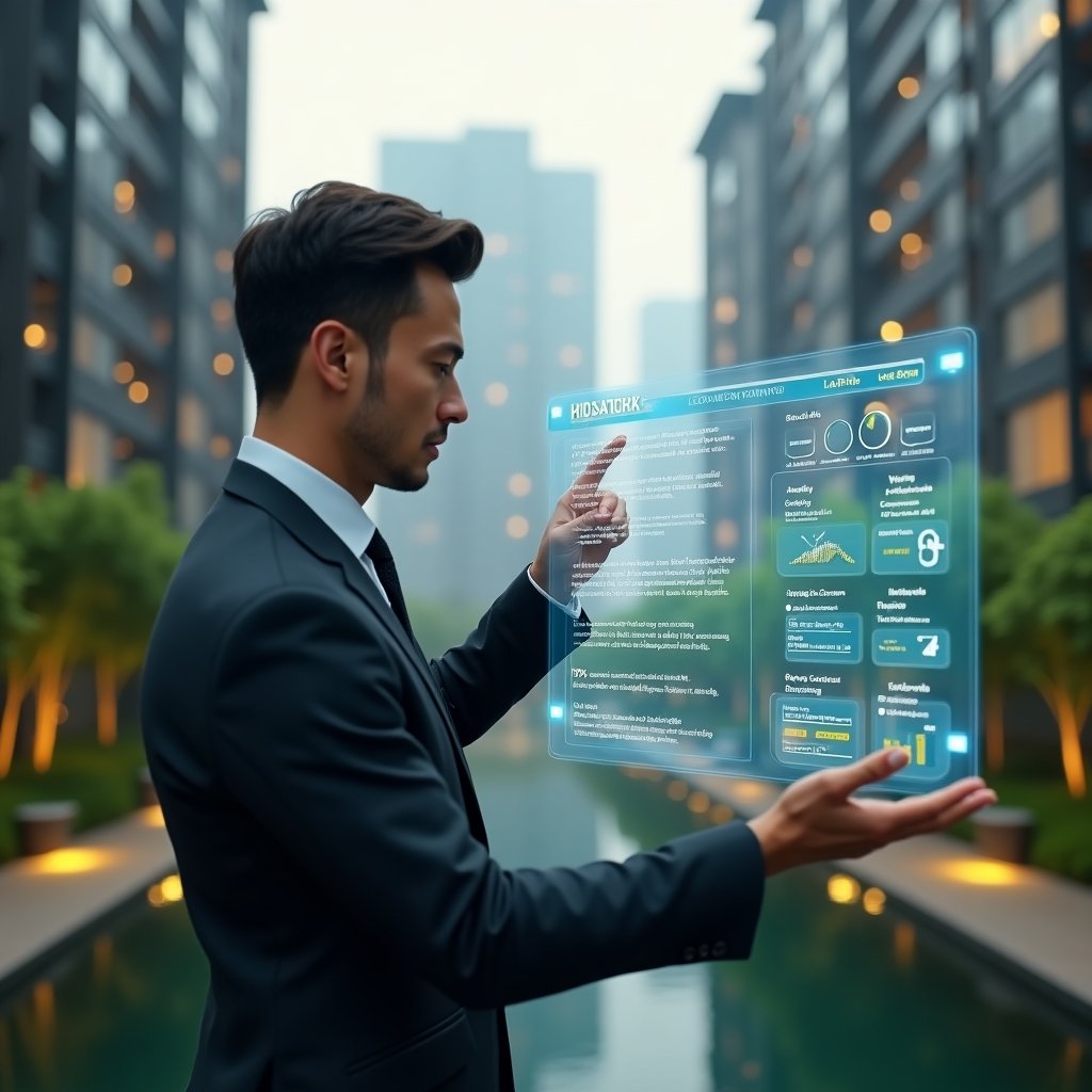 Ultra-realistic condominium facility manager in a charcoal tailored suit, set in a modern luxury condominium environment with high-rise buildings and perfectly manicured green spaces, medium shot of him interacting with a floating holographic interface showing maintenance schedules, financial charts and digital notifications, confident and focused expression, cinematic lighting, shallow depth of field, highly detailed textures, realistic skin, photographic realism, 8k resolution --ar 1:1 --v 6