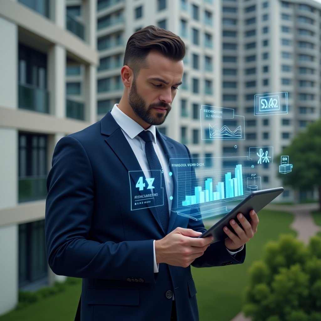 Ultra-realistic condominium manager in a navy blue tailored suit, set in a modern luxury condominium environment with high-rise buildings and green landscaping, holding a digital tablet displaying holographic financial graphs, confidently analyzing resource optimization data, holographic icons representing cost savings and resident satisfaction floating around, cinematic lighting, shallow depth of field, highly detailed textures, realistic skin, photographic realism, 8k resolution --ar 1:1 --v 6