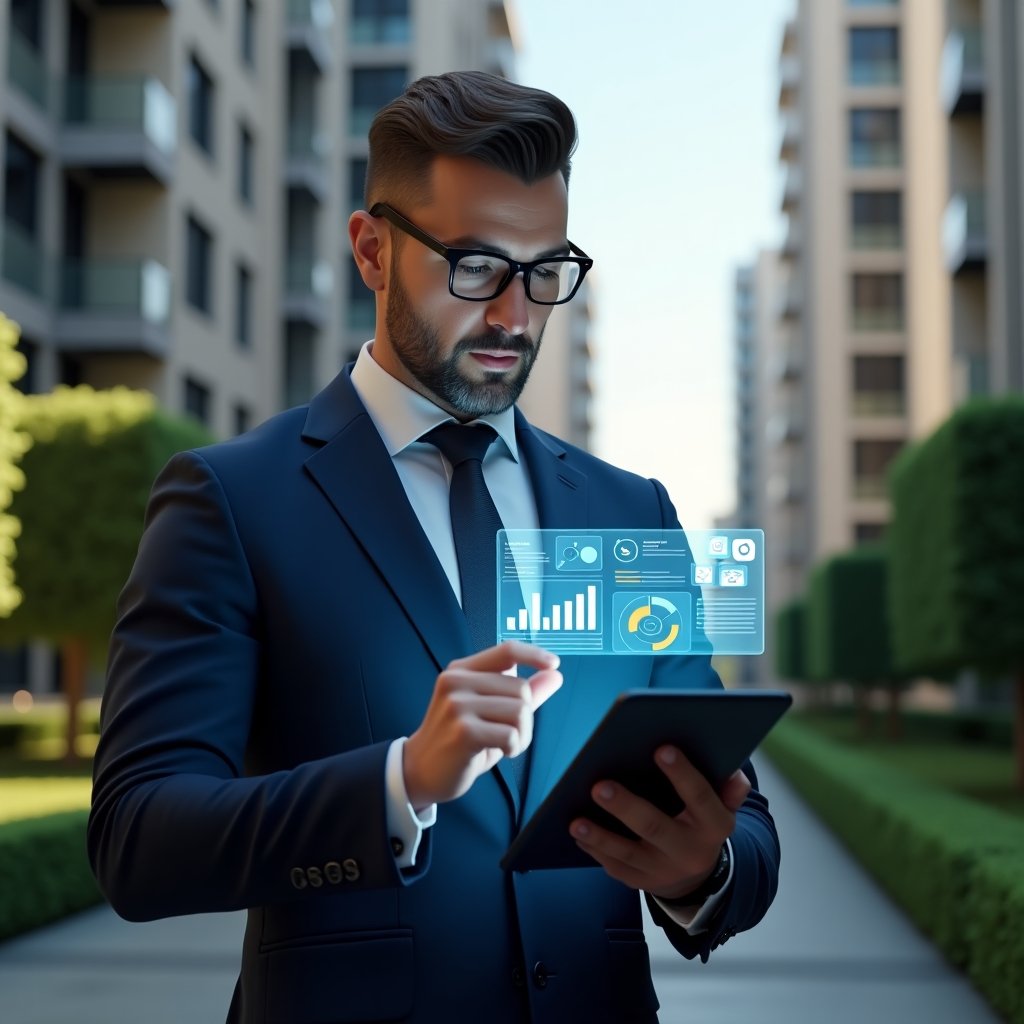 (Ultra-realistic condominium manager in a navy suit, set in a modern luxury condominium environment with high-rise buildings and manicured green landscaping, medium shot, confidently reviewing a holographic building management dashboard hovering above a tablet—featuring charts, floor plans and notification icons representing a condo app—cinematic lighting, shallow depth of field, highly detailed textures, realistic skin, photographic realism, 8k resolution --ar 1:1 --v 6)