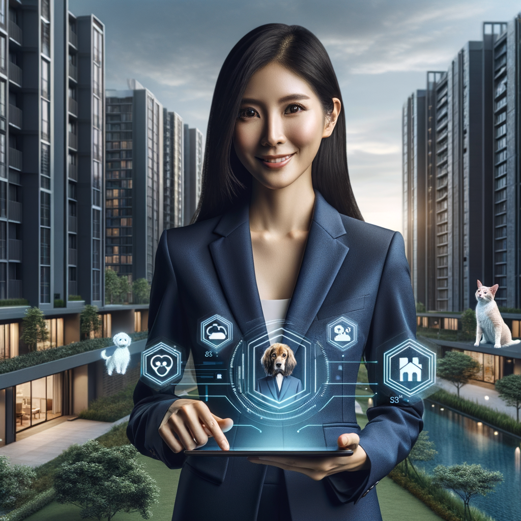 Ultra-realistic condominium manager in a dark blue suit, set in a modern luxury condominium environment with high-rise buildings and green landscaping, holding a tablet displaying a holographic interface of pet icons and building layout, smiling confidently with a friendly expression, floating dog and cat holograms symbolizing rules and harmony, cinematic lighting, shallow depth of field, highly detailed textures, realistic skin, photographic realism, 8k resolution --ar 1:1 --v 6