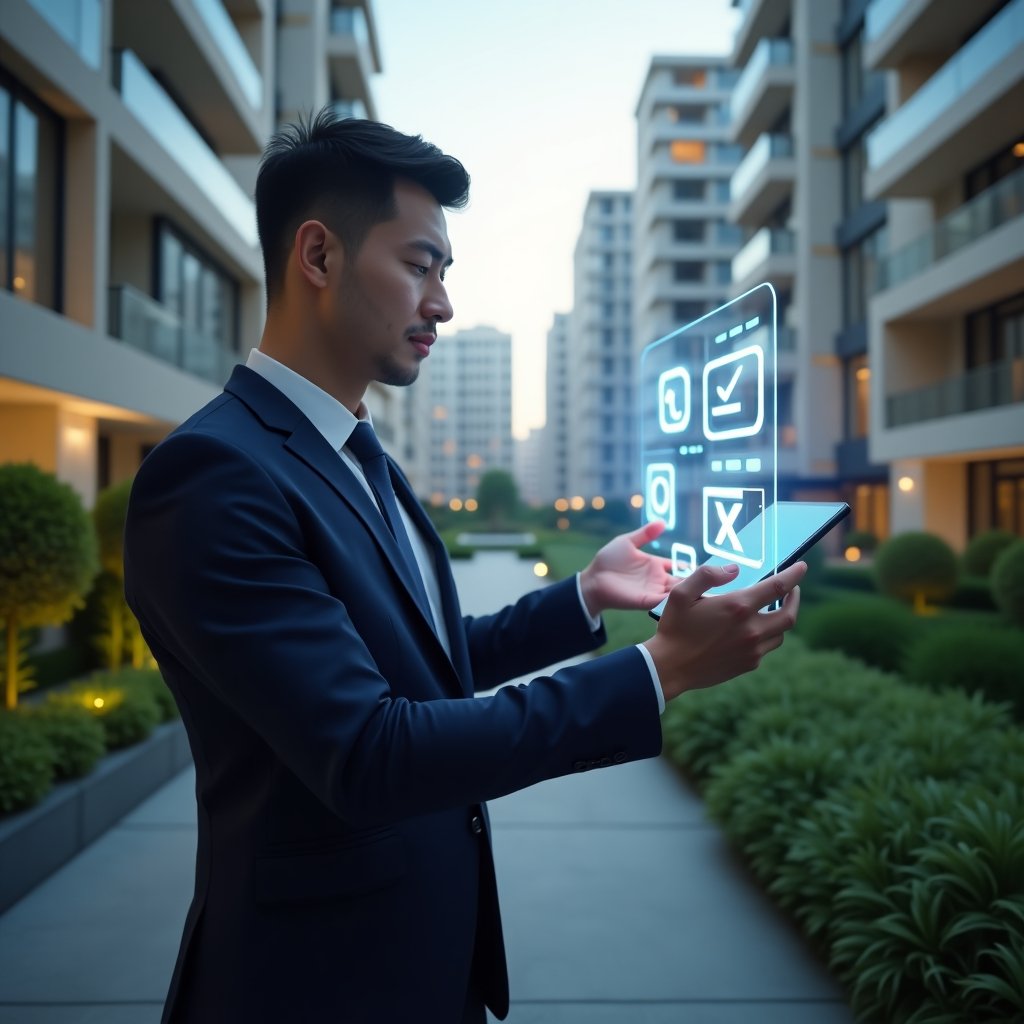 (Ultra-realistic condo manager in a tailored navy suit, set in a modern luxury condominium environment with high-rise buildings and lush green landscaping, medium shot focus on the character, thoughtfully interacting with a floating holographic app interface displaying checkmarks and crosses to represent pros and cons, cinematic lighting, shallow depth of field, highly detailed textures, realistic skin, photographic realism, 8k resolution --ar 1:1 --v 6)