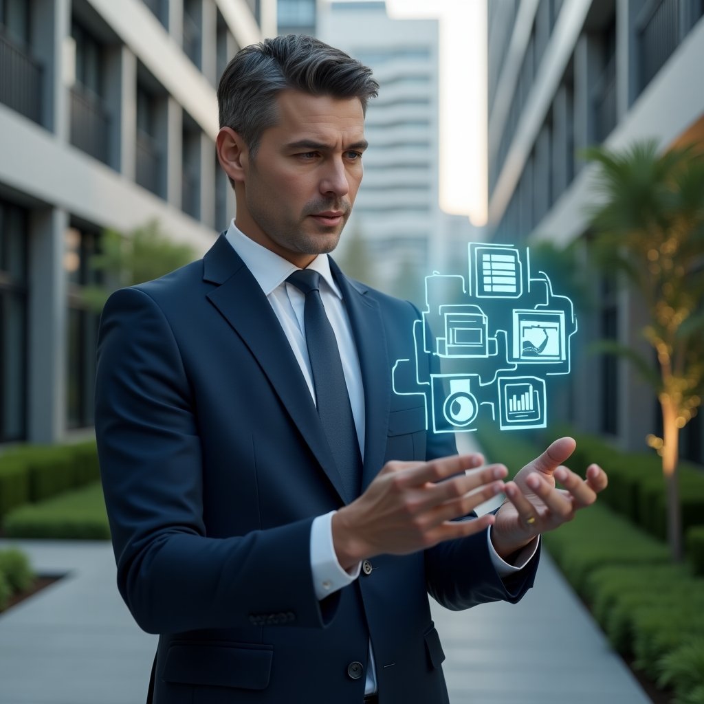 (Ultra-realistic condominium manager in a navy blue executive suit, set in a modern luxury condominium environment with high-rise buildings and manicured green landscaping, interacting with a floating holographic interface displaying icons for documents, chat bubbles, calendar and financial charts, with a confident and focused expression, cinematic lighting, shallow depth of field, highly detailed textures, realistic skin, photographic realism, 8k resolution --ar 1:1 --v 6)