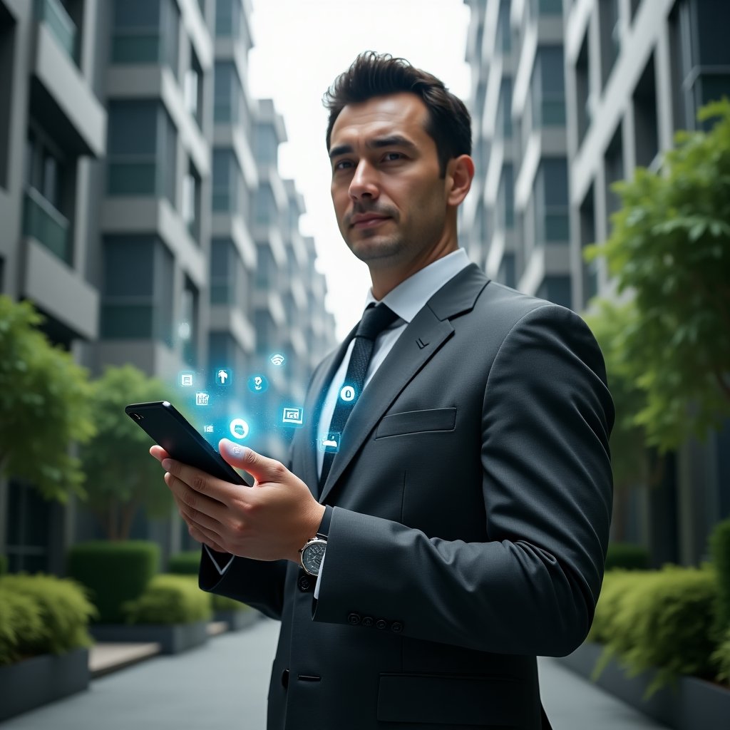 (Ultra-realistic condominium manager in a charcoal gray executive suit, set in a modern luxury condominium environment with high-rise buildings and lush green landscaping, confidently holding a smartphone projecting a holographic interface with app icons for communication, security, and financial management, cinematic lighting, shallow depth of field, highly detailed textures, realistic skin, photographic realism, 8k resolution --ar 1:1 --v 6)