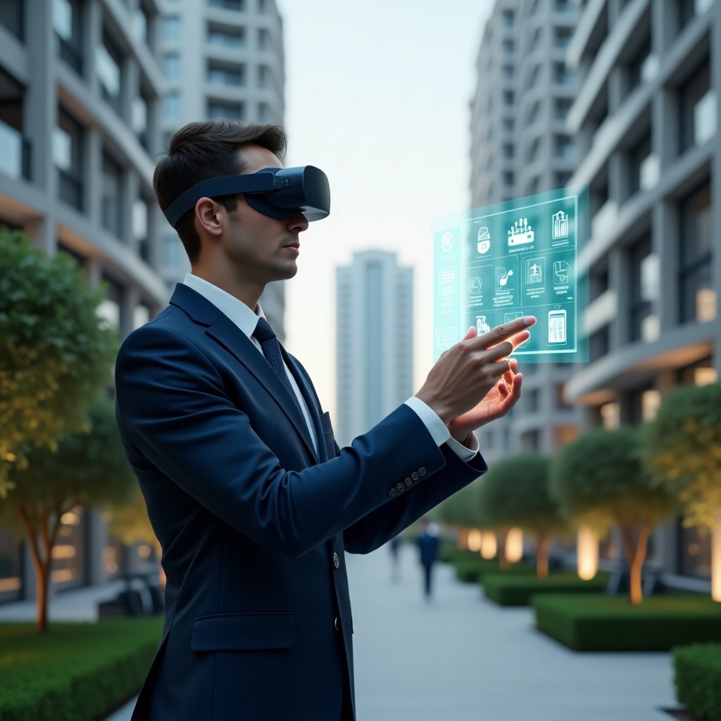 (Ultra-realistic condominium manager in a navy blue tailored suit, set in a modern luxury condominium environment with high-rise buildings and manicured green landscaping, medium shot of them confidently interacting with a floating holographic condominium management app interface displaying maintenance, finance and communication icons, cinematic lighting, shallow depth of field, highly detailed textures, realistic skin, photographic realism, 8k resolution --ar 1:1 --v 6)