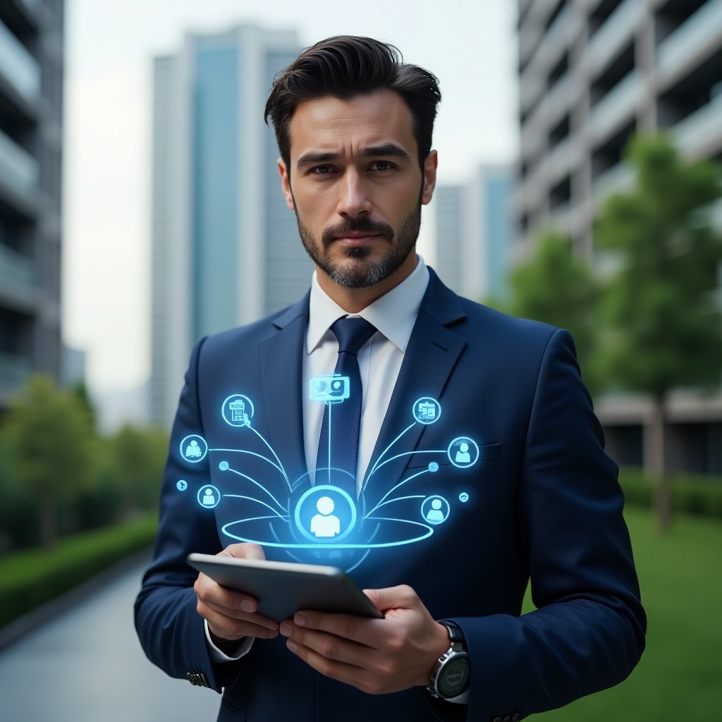 (Ultra-realistic property manager in a navy blue executive suit, set in a modern luxury condominium environment with high-rise buildings and green landscaping, holding a digital tablet displaying a condominium management app interface, overlaid with floating holographic icons of tasks, finance charts, and chat messages, confident and focused expression, cinematic lighting, photographic realism, shallow depth of field, highly detailed textures, realistic skin, 8k resolution --ar 1:1 --v 6)