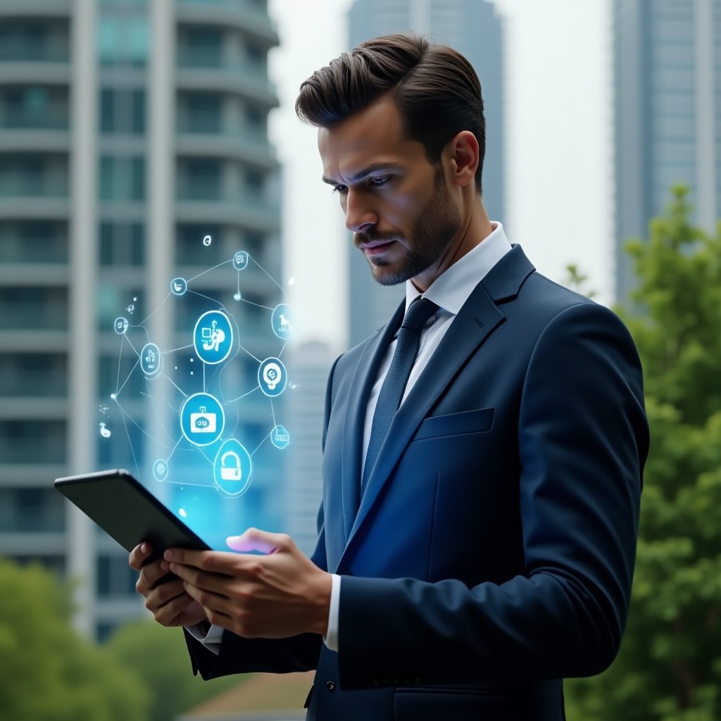 Ultra-realistic condominium manager in a tailored navy blue suit, set in a modern luxury condominium environment with high-rise buildings and lush green landscaping, interacting with a floating holographic condominium management app interface displayed above a tablet, confident and focused expression, holographic icons of finances, maintenance and security orbiting around, cinematic lighting, shallow depth of field, highly detailed textures, realistic skin, photographic realism, 8k resolution --ar 1:1 --v 6