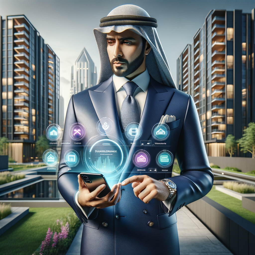 Ultra-realistic condominium manager in an elegant navy blue suit with a crisp white shirt, set in a modern luxury condominium environment with high-rise buildings and lush green landscaping, holding a smartphone projecting a holographic condominium management dashboard with icons for billing, messaging and facility reservations, looking confident and focused, cinematic lighting, shallow depth of field, highly detailed textures, realistic skin, photographic realism, 8k resolution --ar 1:1 --v 6