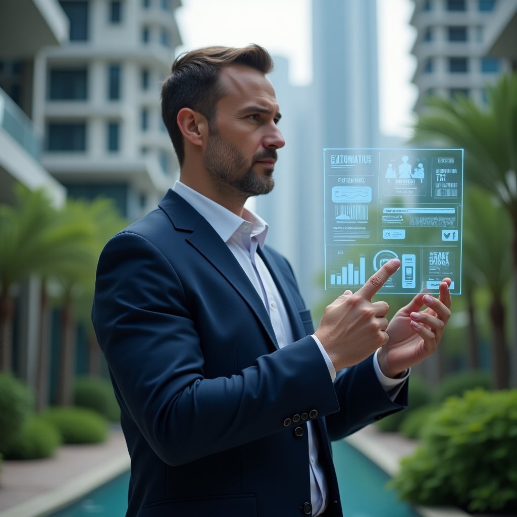 Ultra-realistic condominium manager in a tailored navy-blue executive suit, set in a modern luxury condominium environment with high-rise buildings and lush green landscaping, medium shot, confidently interacting with a floating holographic condominium management app interface showing task icons, chat bubbles and financial charts, cinematic lighting, shallow depth of field, highly detailed textures, realistic skin, photographic realism, 8k resolution --ar 1:1 --v 6