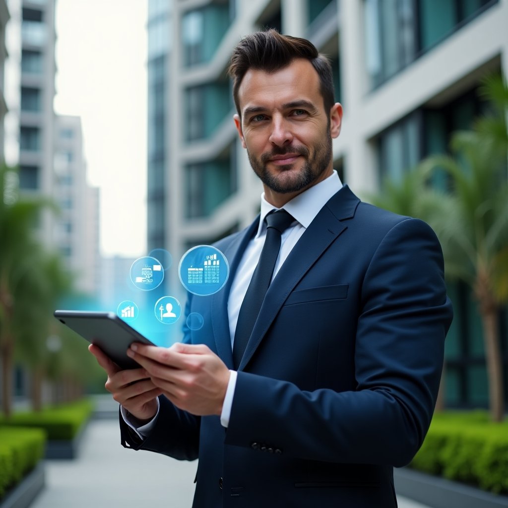 Ultra-realistic condominium manager in a tailored navy suit, set in a modern luxury condominium environment with high-rise buildings and lush green landscaping, holding a tablet displaying a holographic condo management interface, confident and engaged expression, floating icons of calendar, chat bubbles and financial charts, cinematic lighting, shallow depth of field, highly detailed textures, realistic skin, photographic realism, 8k resolution --ar 1:1 --v 6