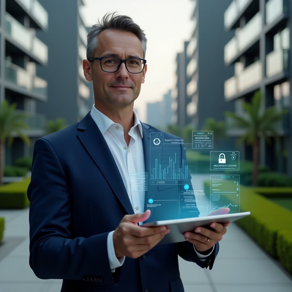 (Ultra-realistic condominium manager in a navy blue executive suit, set in a modern luxury condominium environment with high-rise buildings and manicured green landscaping, mid-shot holding a sleek tablet projecting holographic financial charts, reservation calendar and chat icons, confident and focused expression, cinematic lighting, shallow depth of field, highly detailed textures, realistic skin, photographic realism, 8k resolution --ar 1:1 --v 6)