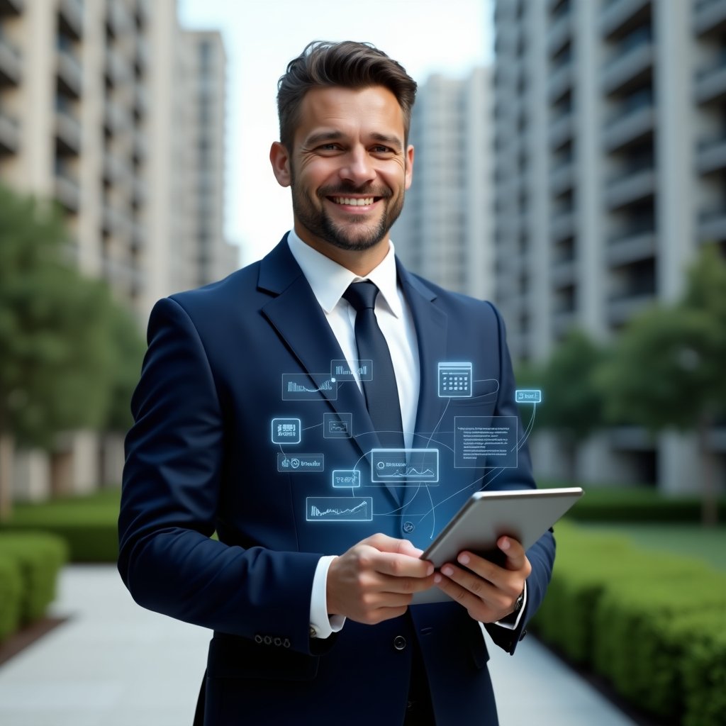 (Ultra-realistic property manager in a navy tailored suit, set in a modern luxury condominium environment with high-rise buildings and manicured gardens, holding a tablet displaying holographic charts, calendar icons, and chat bubbles symbolizing integrated communication, finance, and reservations, confident and focused expression, photographic realism, cinematic lighting, shallow depth of field, highly detailed textures, realistic skin, 8k resolution --ar 1:1 --v 6)