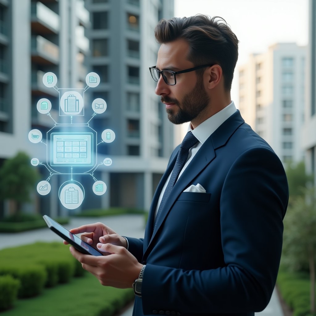 (Ultra-realistic condominium manager in a sleek navy blue suit, set in a modern luxury condominium environment with high-rise buildings and manicured greenery, holding a tablet and interacting with a floating holographic aplicativo de gestão interface showing chat bubbles, calendar icons and financial charts, confident and focused expression, cinematic lighting, shallow depth of field, highly detailed textures, realistic skin, photographic realism, 8k resolution --ar 1:1 --v 6)