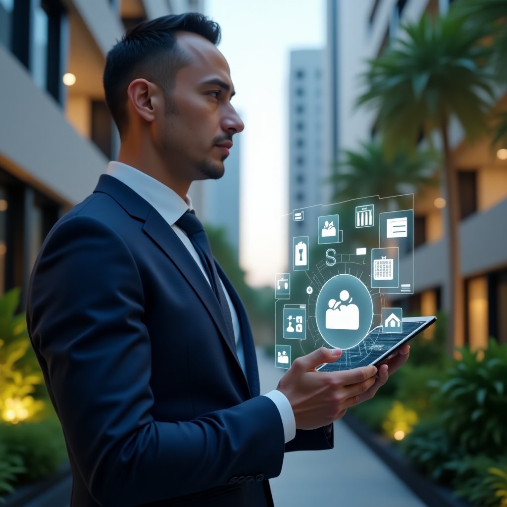 Ultra-realistic condominium manager in a sleek navy blue suit, medium shot in a modern luxury condominium environment with high-rise towers and lush green landscaping, holding a tablet displaying a holographic dashboard of a condo management app, floating icons for finances, reservations and communication around them, confident and inspired expression, cinematic lighting, shallow depth of field, highly detailed textures, realistic skin, photographic realism, 8k resolution --ar 1:1 --v 6