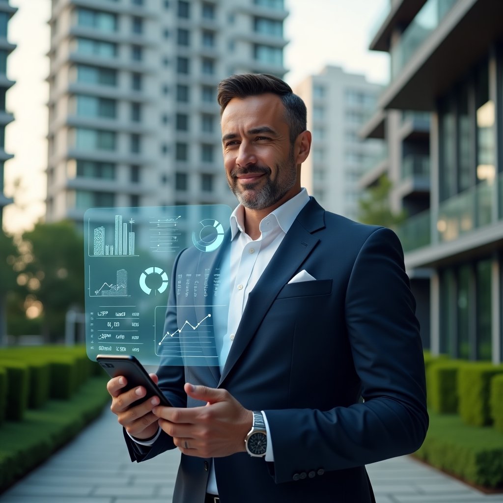 Ultra-realistic condominium manager in a navy blue suit, set in a modern luxury condominium environment with high-rise buildings and lush green landscaping, holding a smartphone displaying a digital condo management app interface, holographic charts and icons of cost savings and process automation floating beside them, confident and focused expression, cinematic lighting, shallow depth of field, highly detailed textures, realistic skin, photographic realism, 8k resolution --ar 1:1 --v 6