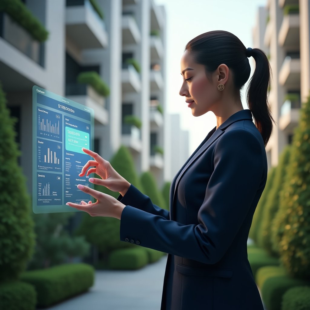 (Ultra-realistic condominium manager in a tailored navy suit, set in a modern luxury condominium environment with high-rise buildings and lush green landscaping, medium shot of a confident female manager tapping on a holographic condo management app dashboard displaying charts and icons, cinematic lighting, shallow depth of field, highly detailed textures, realistic skin, photographic realism, 8k resolution --ar 1:1 --v 6)