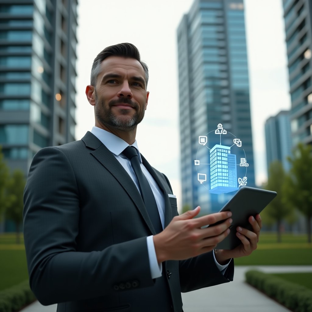 (Ultra-realistic condominium manager in a sleek dark gray suit, set in a modern luxury condominium environment with glass high-rise buildings and manicured green landscaping, mid-shot of a professional man holding a tablet that projects a floating holographic dashboard with icons for finance, communication, and reservations, confident and focused expression, symbolic holographic building icon hovering beside him, cinematic lighting, shallow depth of field, highly detailed textures, realistic skin, photographic realism, 8k resolution --ar 1:1 --v 6)