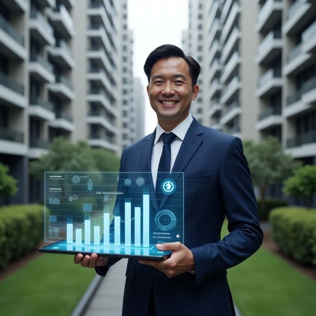 Ultra-realistic condominium manager in a tailored navy blue suit, set in a modern luxury condominium environment with high-rise buildings and manicured green landscaping, holding a digital tablet projecting a holographic condominium management interface with charts and icons symbolizing cost reduction and resident satisfaction, standing confidently with a slight smile and analytical gaze, cinematic lighting, shallow depth of field, highly detailed textures, realistic skin, photographic realism, 8k resolution --ar 1:1 --v 6
