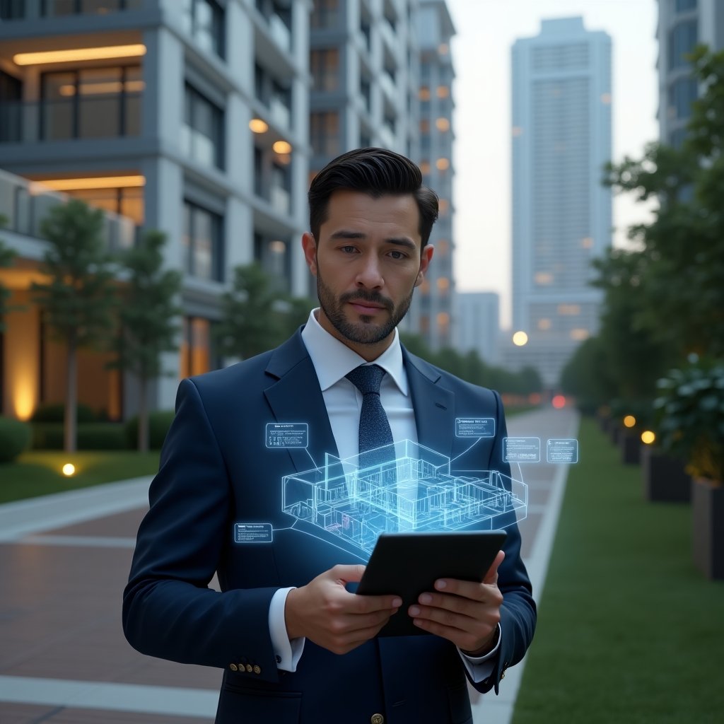 (Ultra-realistic condominium manager in a tailored navy blue suit, set in a modern luxury condominium environment with high-rise glass towers and manicured gardens, interacting with a digital tablet projecting a holographic condo floorplan overlaid with chat bubbles, calendar alerts and financial charts, confident and focused expression, cinematic lighting, shallow depth of field, highly detailed textures, realistic skin, photographic realism, 8k resolution --ar 1:1 --v 6)