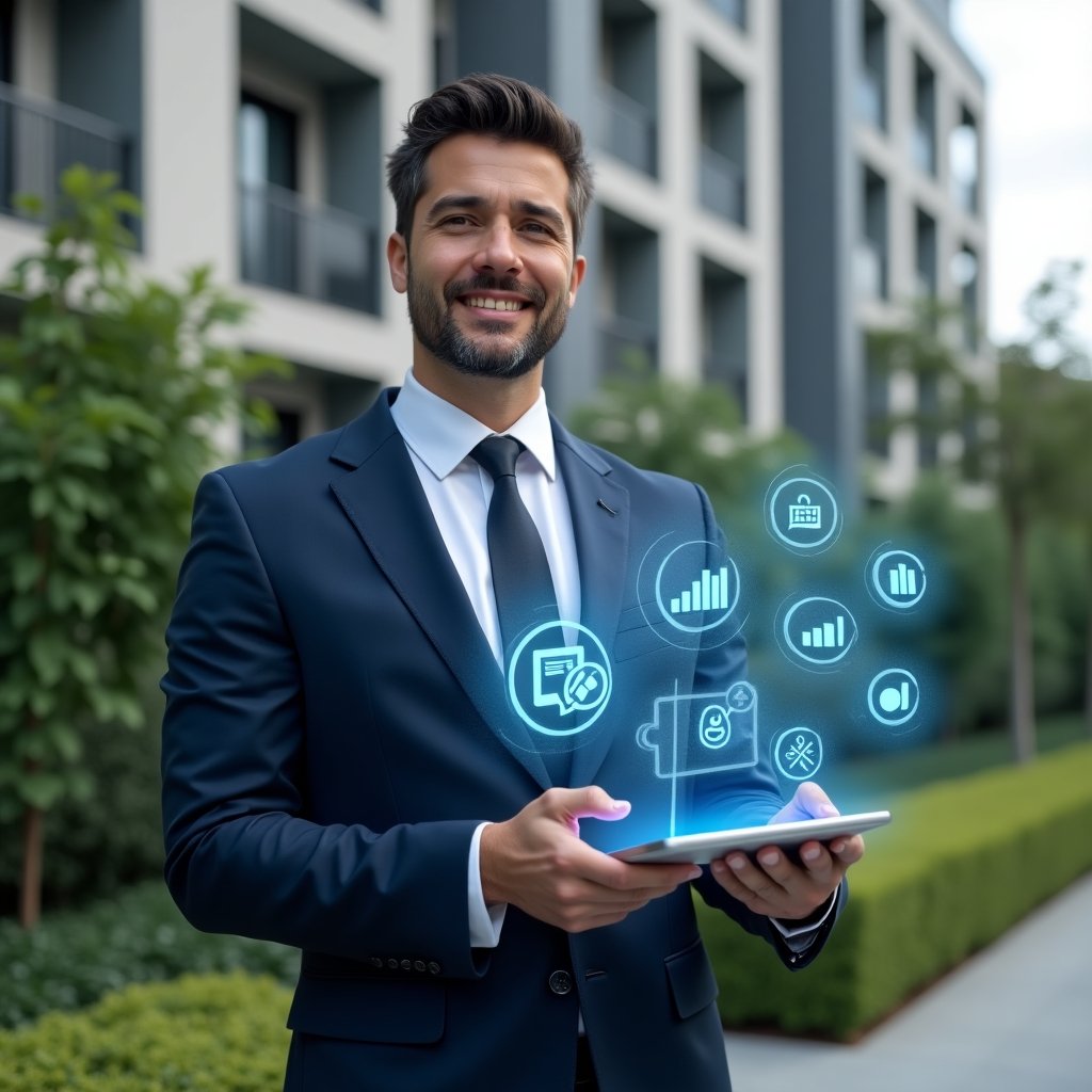 (Ultra-realistic property manager in a tailored navy blue suit, set in a modern luxury condominium environment with high-rise buildings and manicured green landscaping, holding a transparent tablet projecting holographic communication icons and real-time report charts, with a confident and focused expression, cinematic lighting, shallow depth of field, highly detailed textures, realistic skin, photographic realism, 8k resolution --ar 1:1 --v 6)