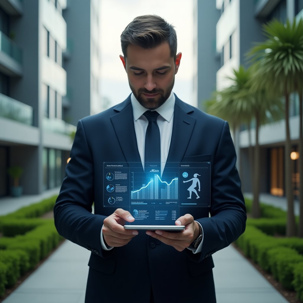 (Ultra-realistic condominium manager in a tailored navy suit, set in a modern luxury condominium environment with high-rise glass buildings and manicured green landscaping, medium shot focusing on the professional holding a tablet with a holographic management dashboard and condo icons, confidently interacting with digital charts, cinematic lighting, shallow depth of field, highly detailed textures, realistic skin, photographic realism, 8k resolution --ar 1:1 --v 6)