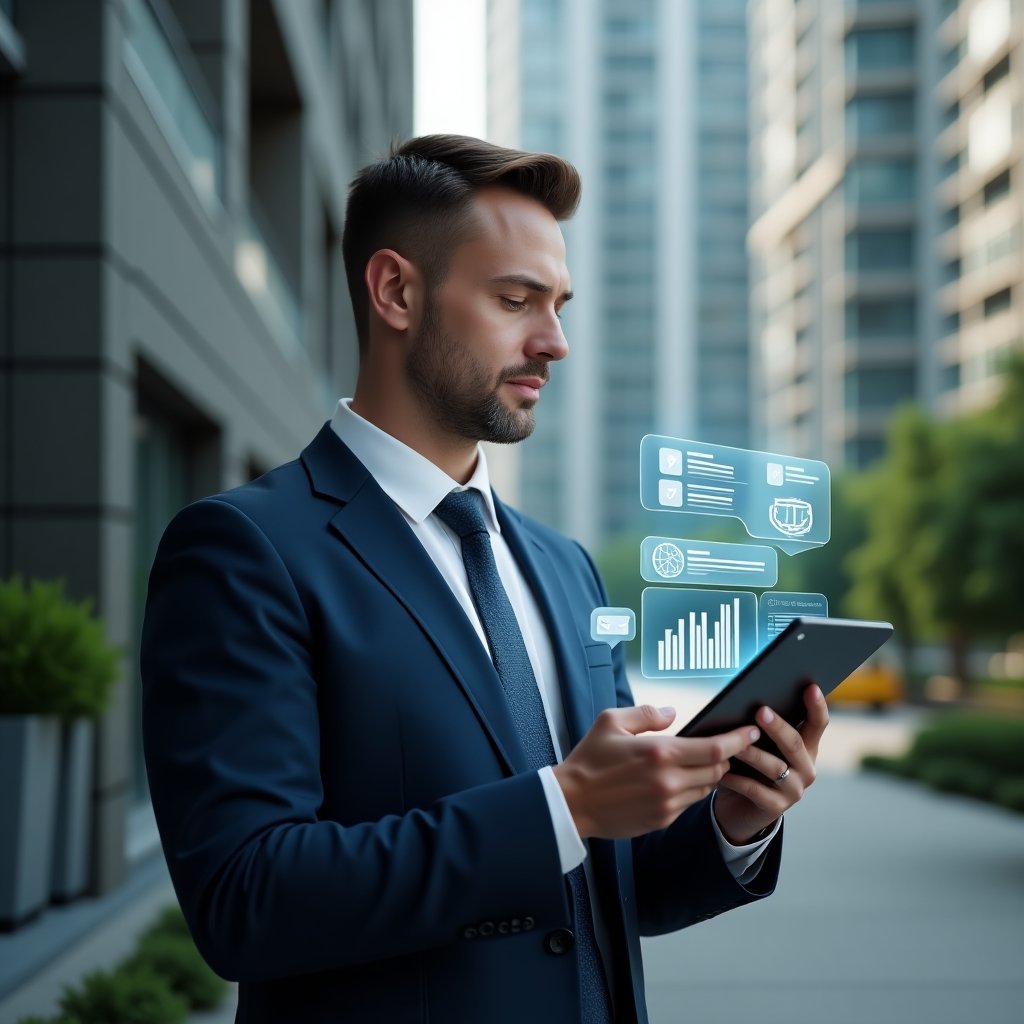 (Ultra-realistic condominium manager in a navy tailored suit, set in a modern luxury condominium environment with high-rise buildings and green landscaping, holding a tablet displaying a condominium management app interface with floating holographic icons of chat bubbles and financial charts, confidently analyzing data, cinematic lighting, shallow depth of field, highly detailed textures, realistic skin, photographic realism, 8k resolution --ar 1:1 --v 6)
