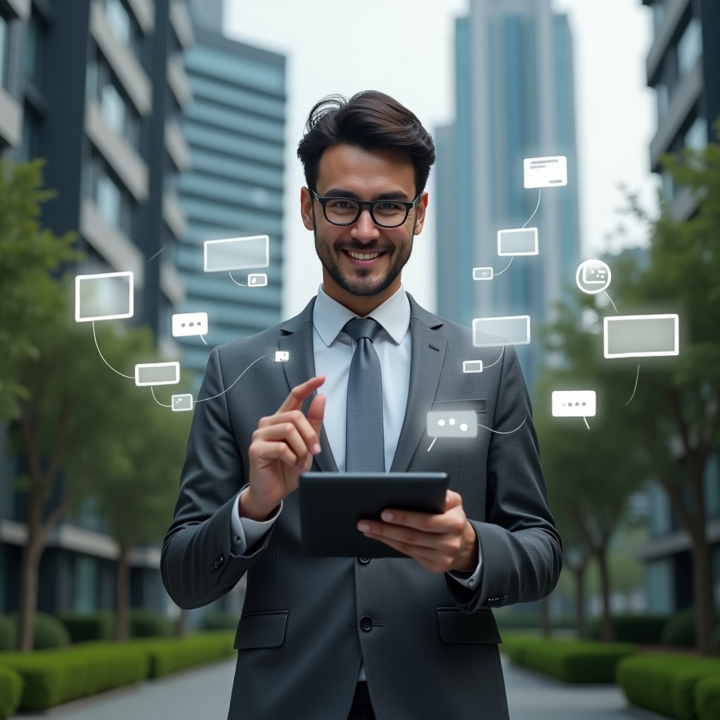 (Ultra-realistic condominium manager in a charcoal gray business suit, set in a modern luxury condominium environment with high-rise buildings and lush green landscaping, holding a tablet and pointing at floating holographic chat bubbles, virtual bulletin board icons and notification symbols, confident and engaged expression, cinematic lighting, shallow depth of field, highly detailed textures, realistic skin, photographic realism, 8k resolution --ar 1:1 --v 6)
