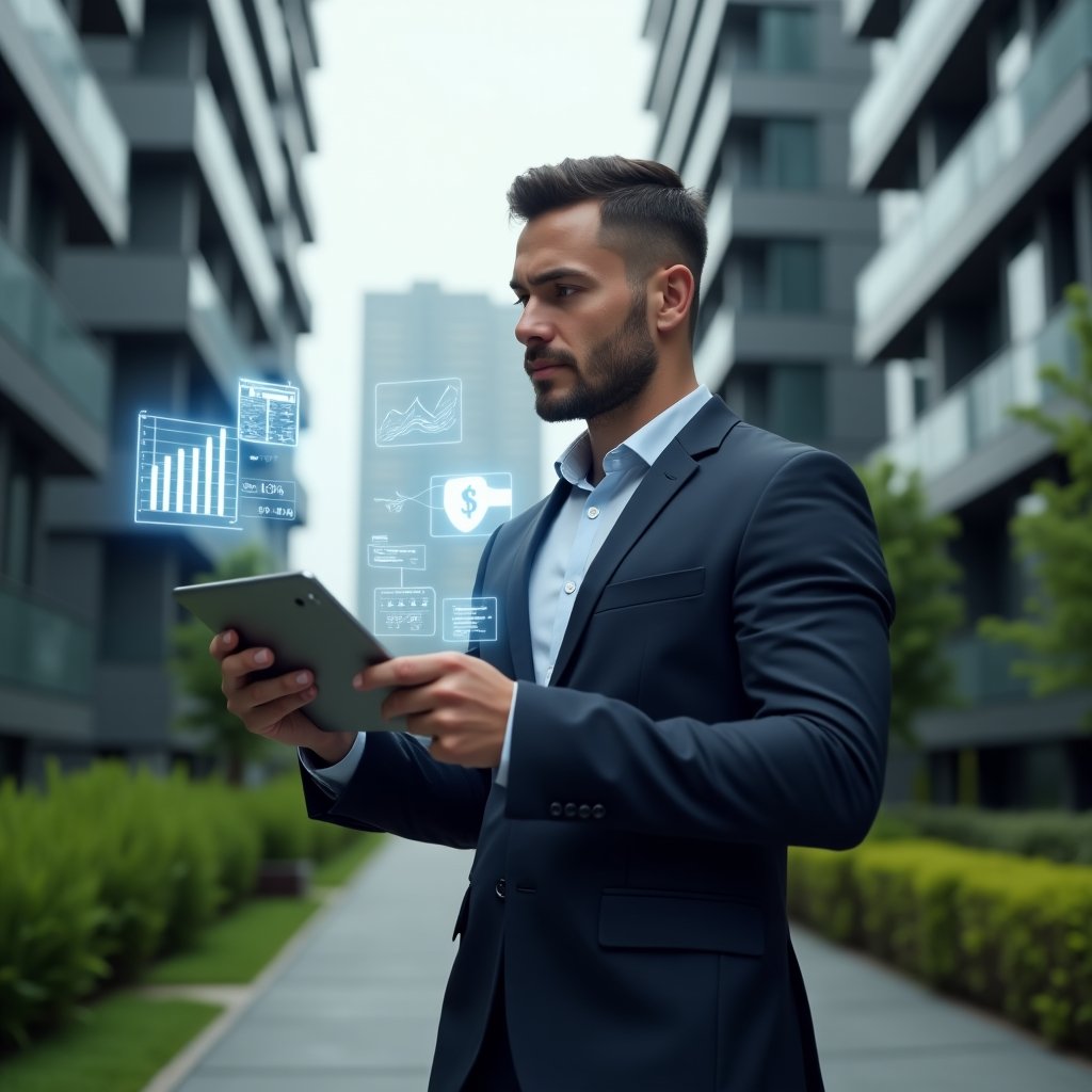 (Ultra-realistic condominium manager in a dark navy executive suit, set in a modern luxury condominium environment with high-rise buildings and manicured green landscaping, mid-shot holding a tablet and analyzing floating holographic financial charts and app icons representing management software comparison and intelligent automation, confident and analytical expression, cinematic lighting, shallow depth of field, highly detailed textures, realistic skin, photographic realism, 8k resolution --ar 1:1 --v 6)