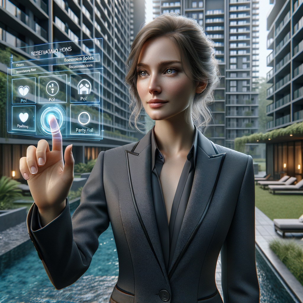 (Ultra-realistic property manager in a charcoal gray tailored suit, set in a modern luxury condominium environment with high-rise buildings and lush green landscaping, medium shot with shallow depth of field, manipulating a floating holographic interface showing reservation slots and icons for pool, playground, and party hall to illustrate clear common-area rules, confident and focused expression, cinematic lighting, highly detailed textures, realistic skin, photographic realism, 8k resolution --ar 1:1 --v 6)