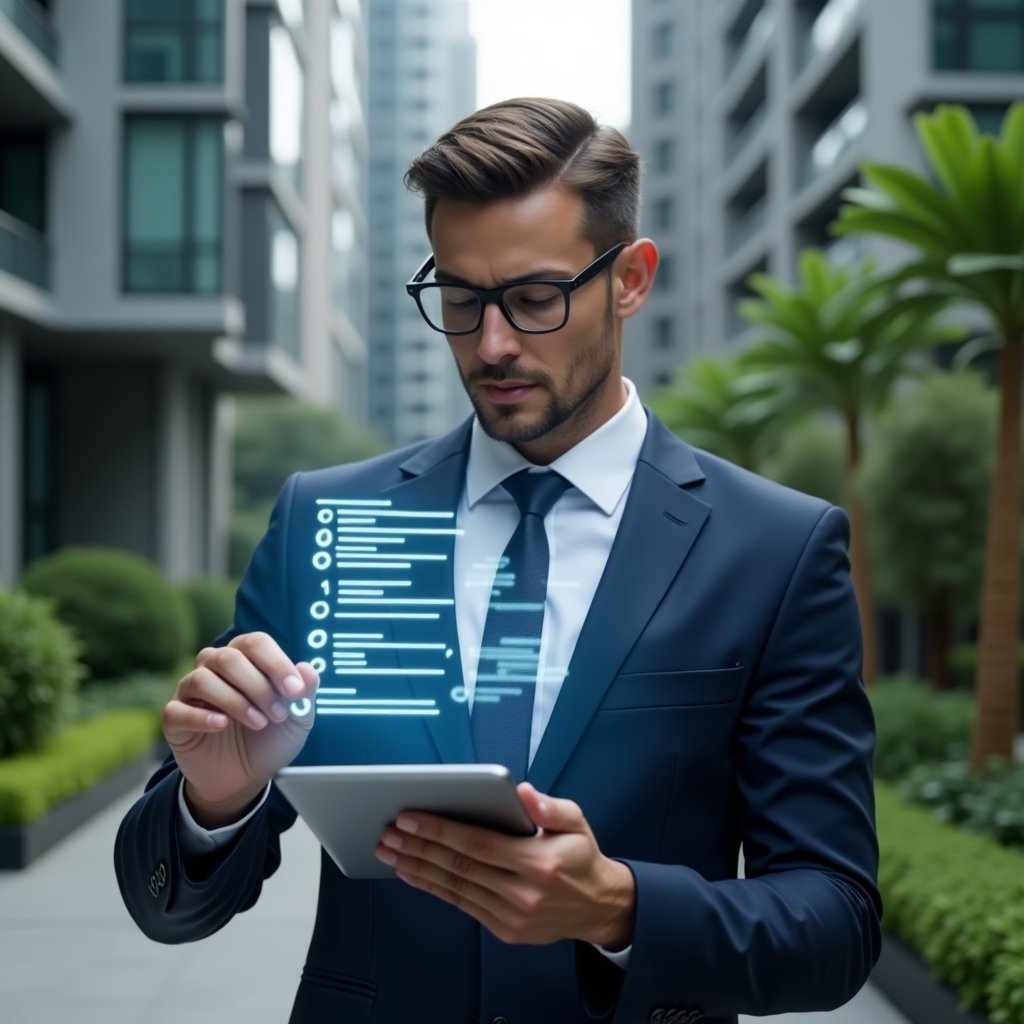 (Ultra-realistic condominium manager in a navy blue suit, set in a modern luxury condominium environment with high-rise buildings and lush green landscaping, holding a digital tablet and reviewing a holographic meeting minutes document with a confident and focused expression, floating translucent document icons and checkmarks symbolizing recorded decisions, cinematic lighting, shallow depth of field, highly detailed textures, realistic skin, photographic realism, 8k resolution --ar 1:1 --v 6)