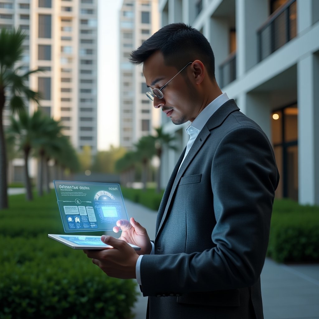 (Ultra-realistic condominium manager in a charcoal gray suit, set in a modern luxury condominium environment with high-rise buildings and manicured green landscaping, examining a holographic control panel interface illustrating automated portaria, lighting, and security systems emerging from a sleek tablet, confident and focused expression, cinematic lighting, shallow depth of field, highly detailed textures, realistic skin, photographic realism, 8k resolution --ar 1:1 --v 6)
