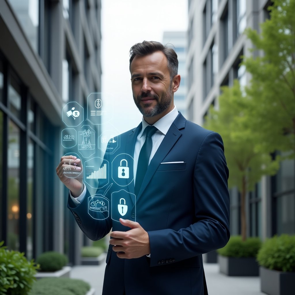 (Ultra-realistic property manager in a navy blue tailored suit, set in a modern luxury condominium environment with high-rise buildings and well-maintained green landscaping, confidently interacting with a translucent holographic interface showing automated lighting, security cameras, and energy usage graphs, futuristic holographic icons representing energy efficiency, security, and resource optimization floating around him, cinematic lighting, shallow depth of field, highly detailed textures, realistic skin, photographic realism, 8k resolution --ar 1:1 --v 6)