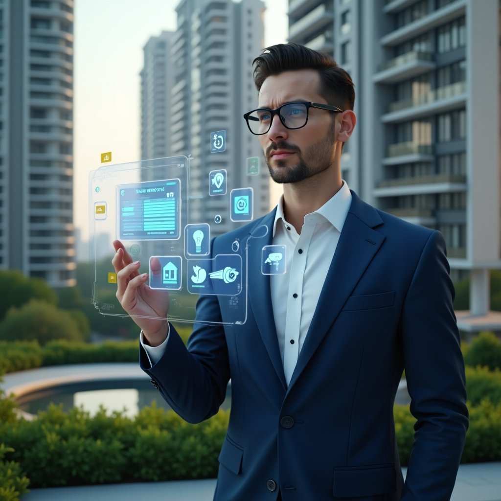 (Ultra-realistic condominium manager in a navy blue tailored business suit, set in a modern luxury condominium environment with high-rise buildings and manicured green landscaping, interacting with a transparent holographic interface displaying building automation controls and energy efficiency data, surrounded by floating holographic icons of energy meters, security cameras, and temperature gauges, confident and visionary expression, cinematic lighting, shallow depth of field, highly detailed textures, realistic skin, photographic realism, 8k resolution --ar 1:1 --v 6)