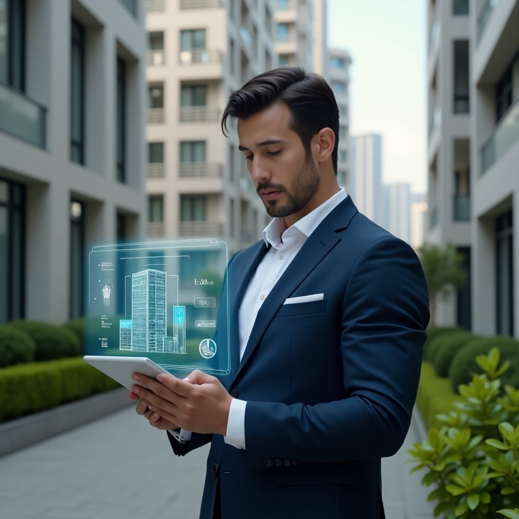 Ultra-realistic condominium manager in a navy tailored suit, set in a modern luxury condominium environment with high-rise buildings and well-manicured green landscaping, analyzing a tablet with floating holographic building automation dashboard and energy-saving icons, confident expression, cinematic lighting, shallow depth of field, highly detailed textures, realistic skin, photographic realism, 8k resolution --ar 1:1 --v 6